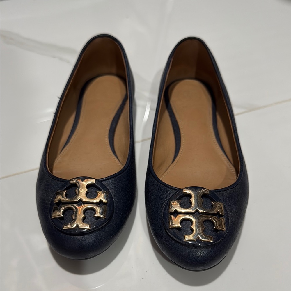 Tory Burch Black Leather Flats with Gold Emblem